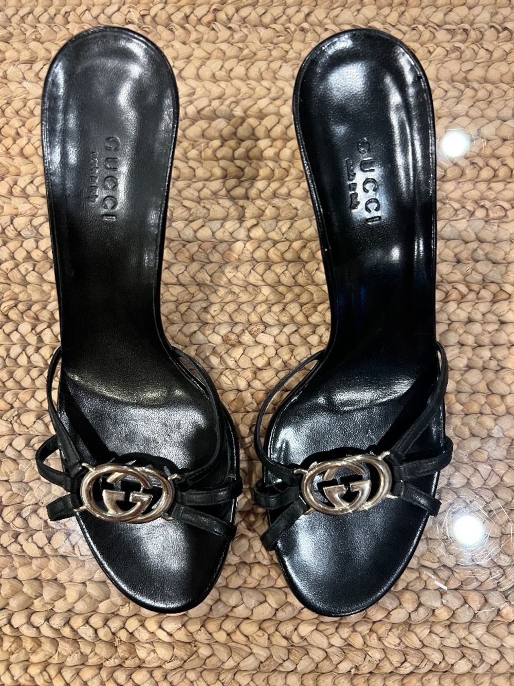 Gucci Gold GG Strap Sandal Heels Sz 6